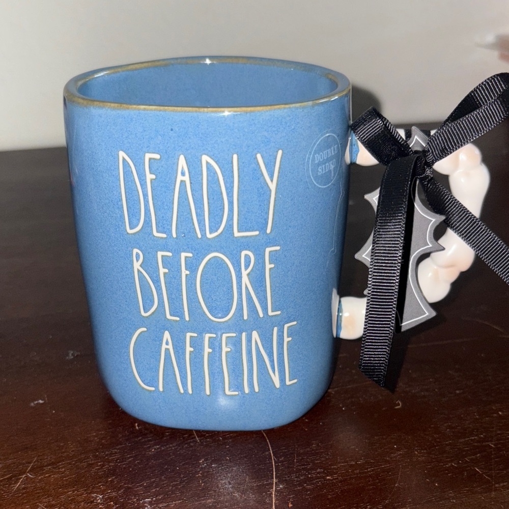 RAE DUNN BLUE CERAMIC HALLOWEEN COFFEE MUG DEADLY BEFORE CAFFEINE NEW!